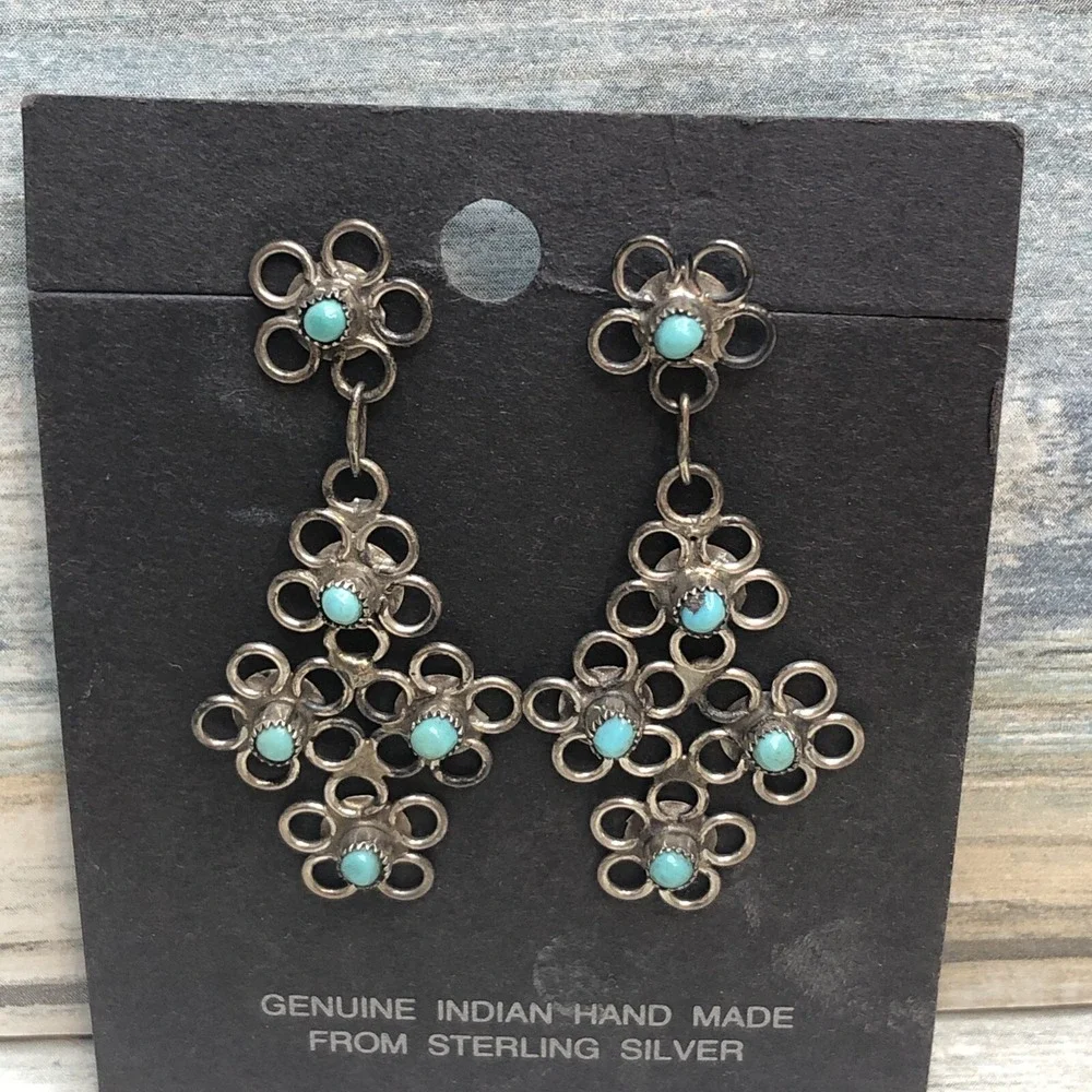 Zuni Flower Native American Indian Earrings Dangle Drop Silver Turquoise‎